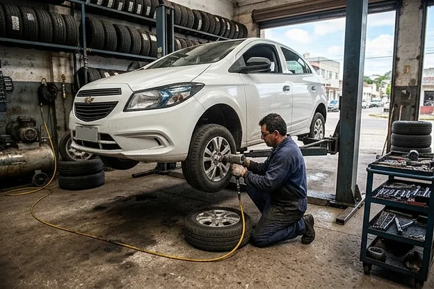 Especialista efetuando rodízio de pneus de um carro em Bagé.