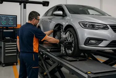 Profissional ajustando o alinhamento das rodas de um veículo em Bagé.