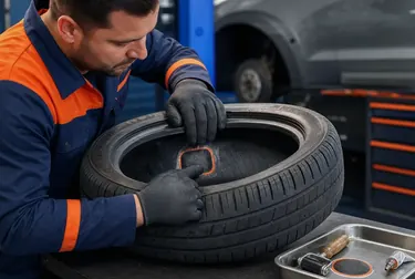 Profissional consertando um pneu em uma borracharia em Bagé.