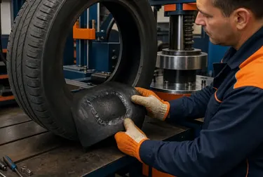 Profissional vulcanizando um pneu em uma borracharia em Bagé.