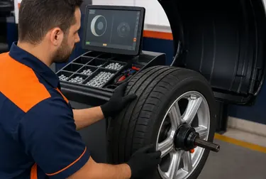 Técnico balanceando rodas em uma borracharia em Bagé.