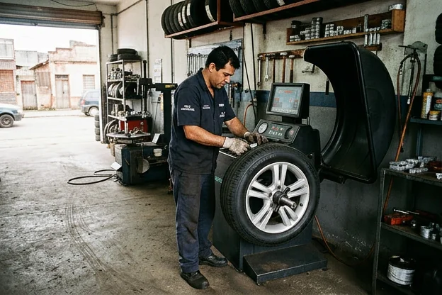 Técnico realizando balanceamento de rodas em Bagé.