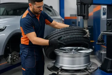 Trabalhador trocando os pneus de um carro em Bagé.