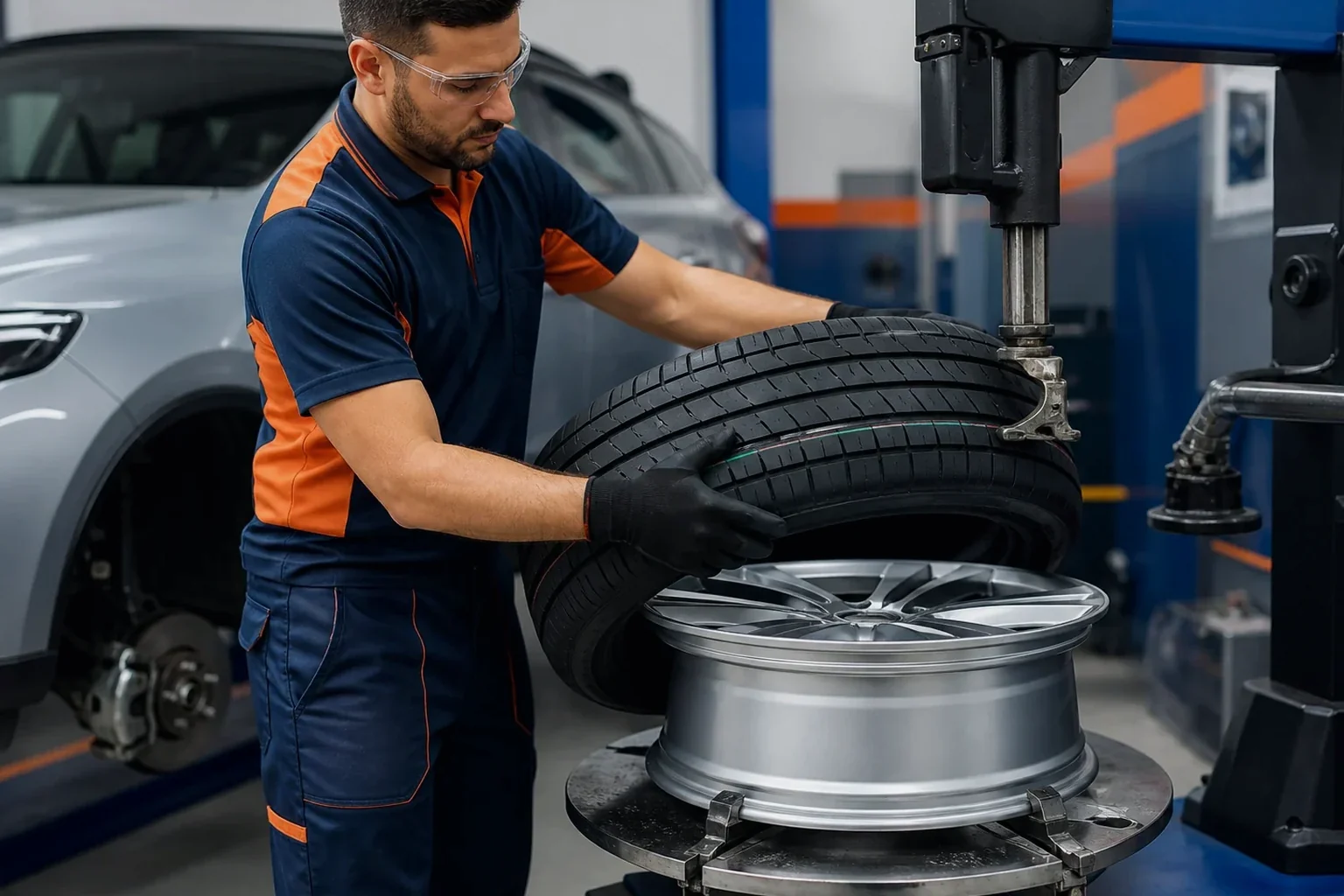 Trabalhador trocando os pneus de um carro em Bagé.
